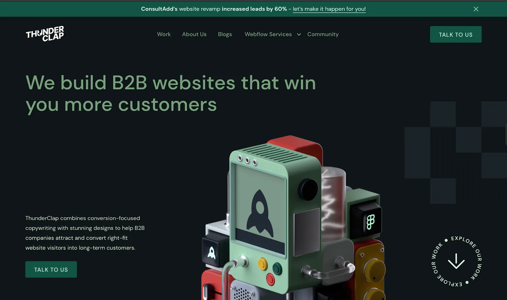 ThunderClap homepage with the headline We build B2B websites that win you more customers and a 3D robot