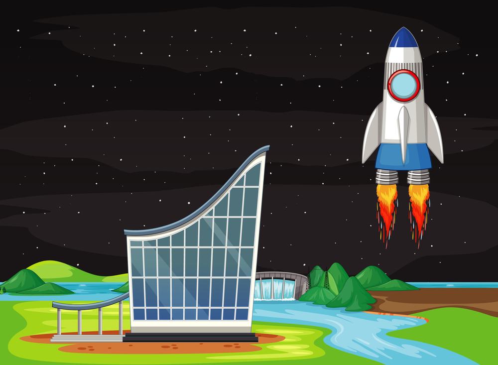 Cartoon rocket launching into a starry night sky over a glass building, a river and a dam