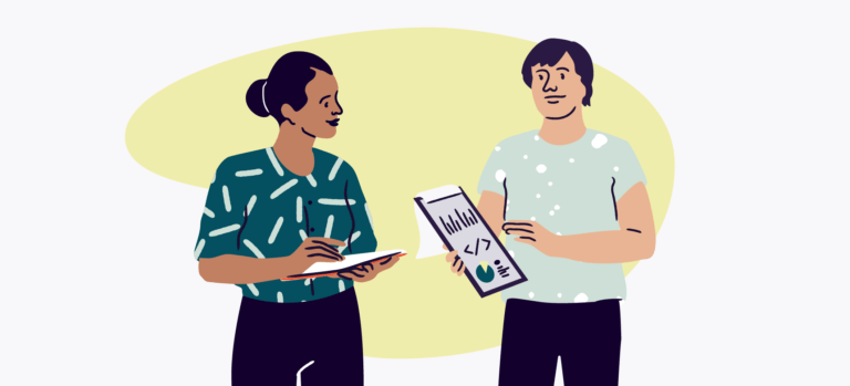 Two colleagues discussing a clipboard report with code and chart icons while one takes notes on a tablet