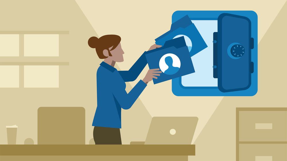 Illustration of a woman filing folders marked with a person icon into an open wall safe