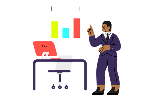 Illustrated professional in a suit pointing at a bar chart beside a desk with a computer