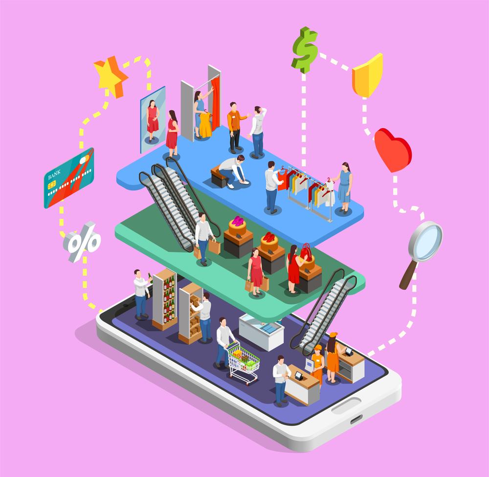 Smartphone topped with a three-floor isometric mall where shoppers try on clothes, ride escalators and pay at checkout