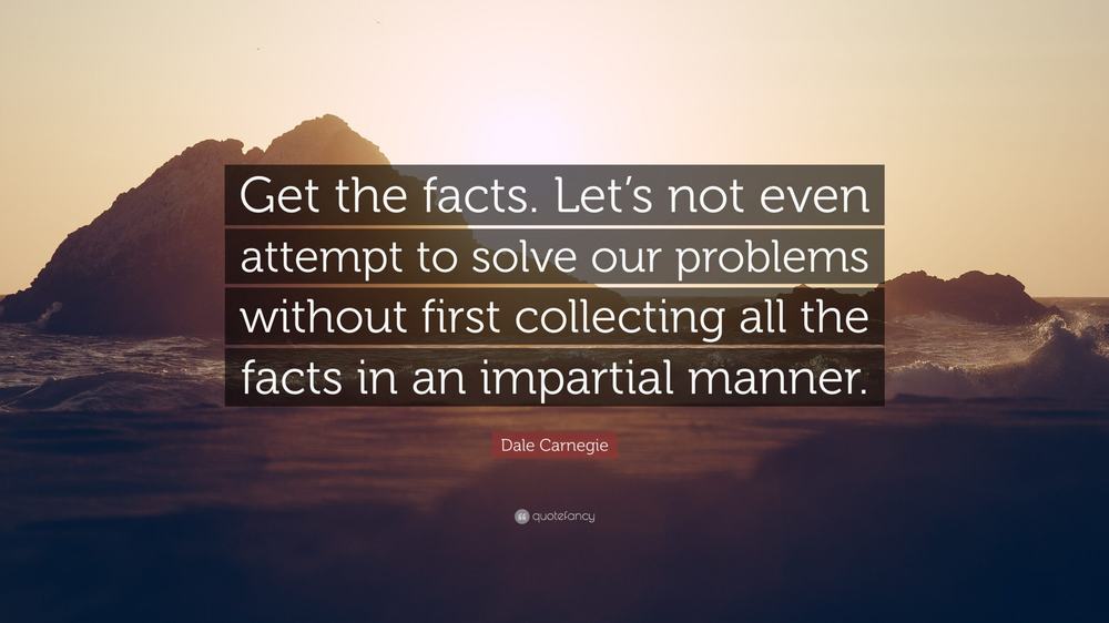 Dale Carnegie quote over a sunset sea: “Get the facts” before trying to solve any problem, collected impartially