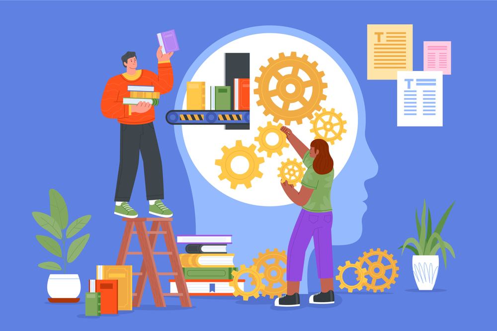 Illustration of two people filling a giant head with books and gears, one on a stepladder