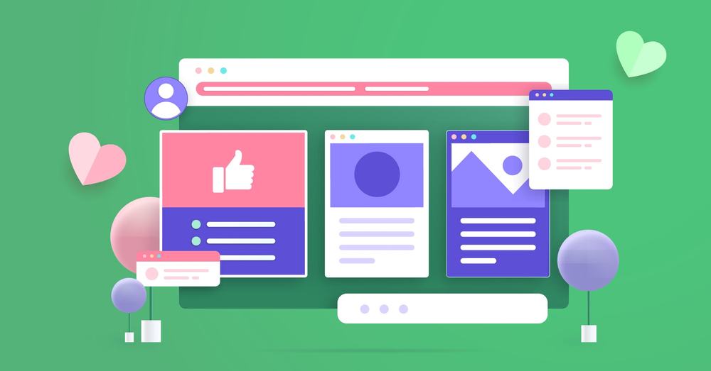 Illustrated website layout with a thumbs-up card, profile icon and floating hearts on a green background