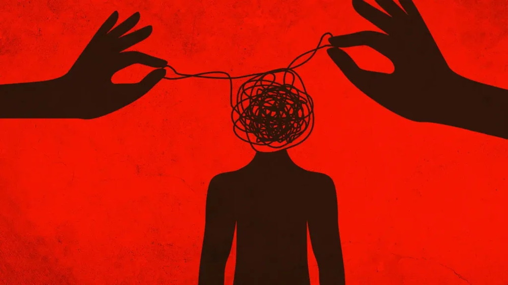 Silhouette of a person whose head is a tangled thread pulled by two large hands, on a red background