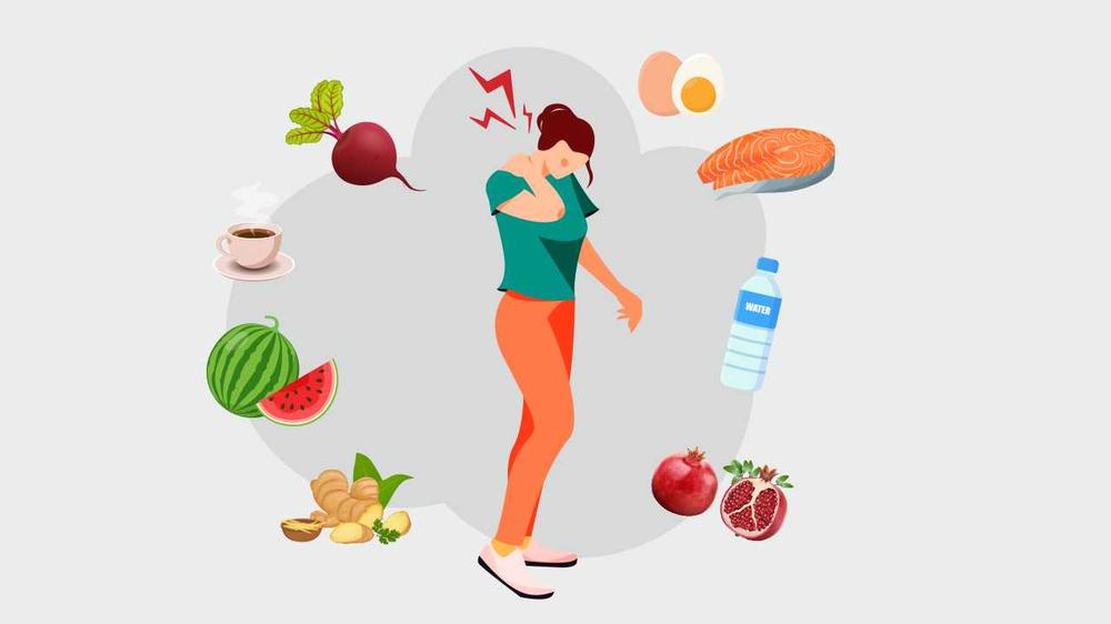 Illustrated woman holding her aching neck, surrounded by water, fruit, eggs, salmon, ginger and coffee