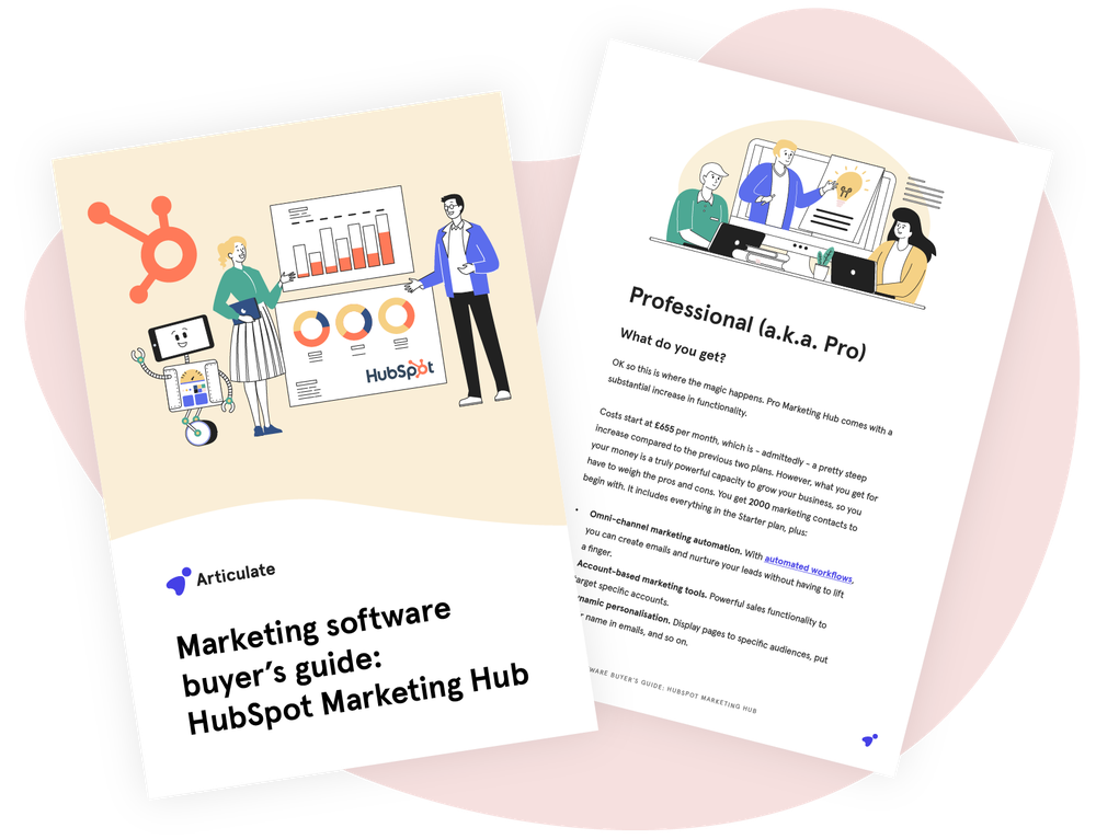 Cover and inside page of Articulate's buyer's guide to HubSpot Marketing Hub