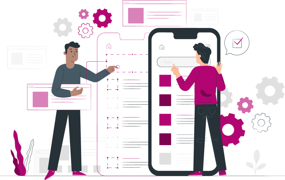 Two people building a mobile app's screens beside a large phone
