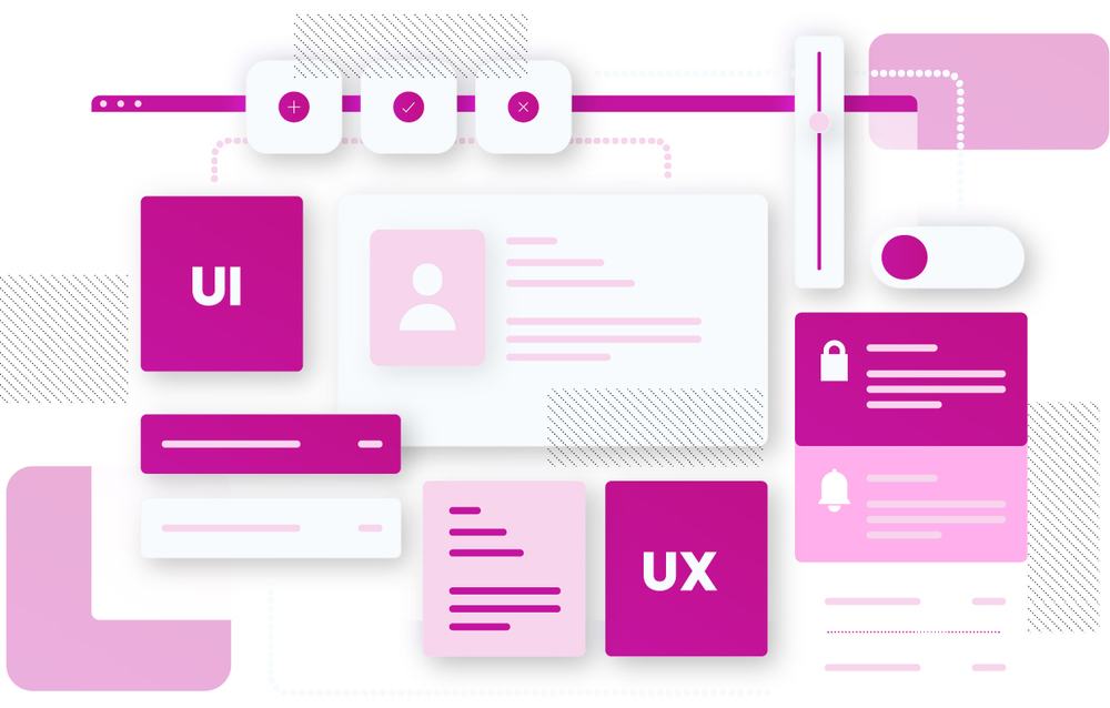 UI and UX interface components: cards, toggles, a slider and a profile panel