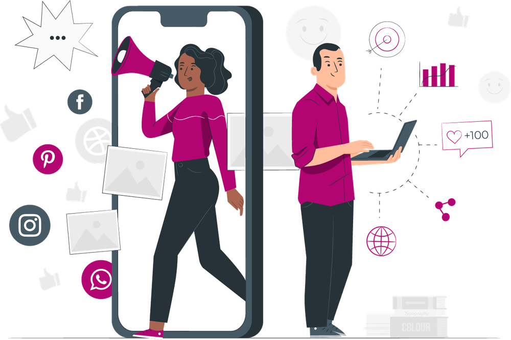 A woman with a megaphone stepping out of a phone beside a man at a laptop, among social icons