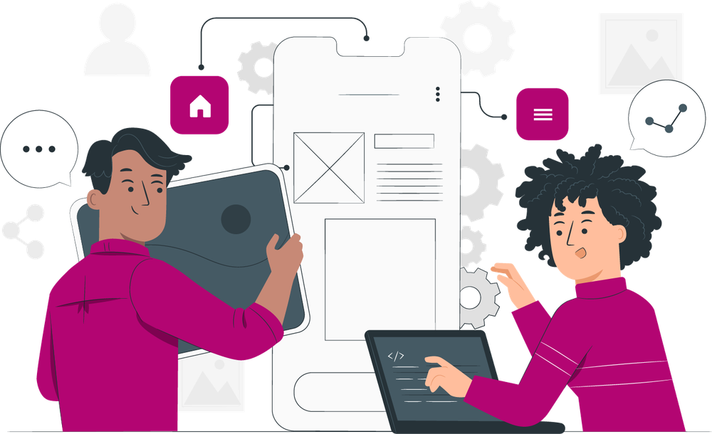 Two people designing a mobile app, one holding a tablet and one coding on a laptop