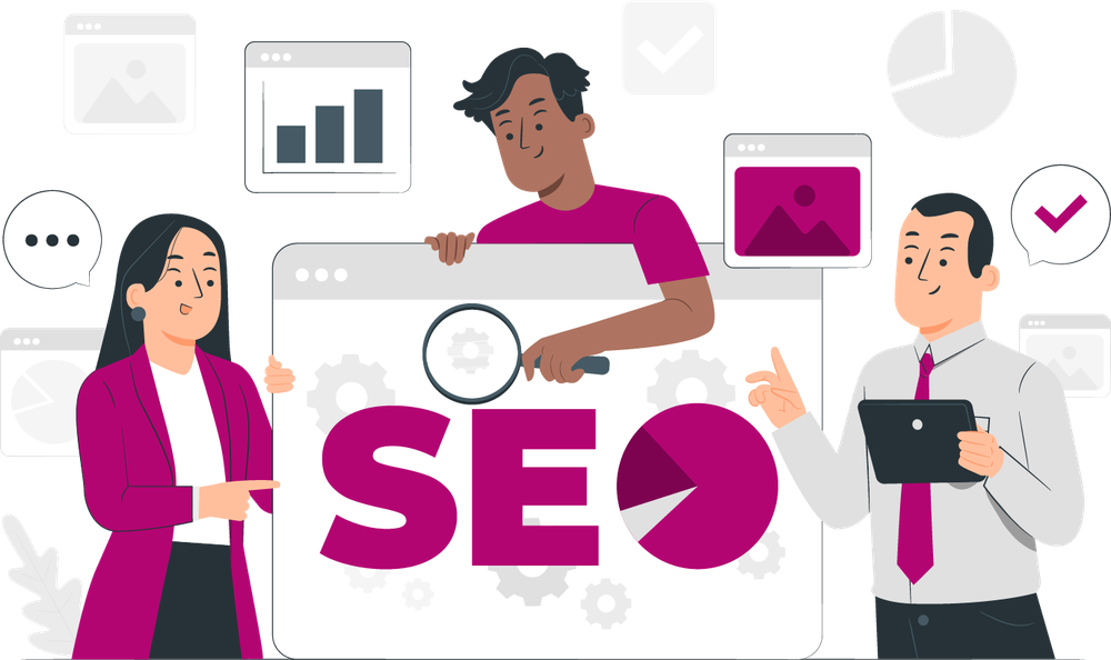 Three colleagues around an SEO board with a magnifying glass and charts