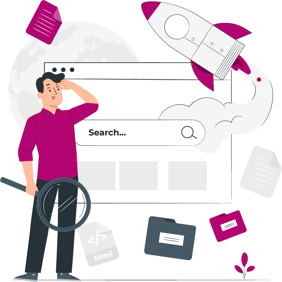 A man with a magnifying glass looking out from a browser search bar as a rocket launches
