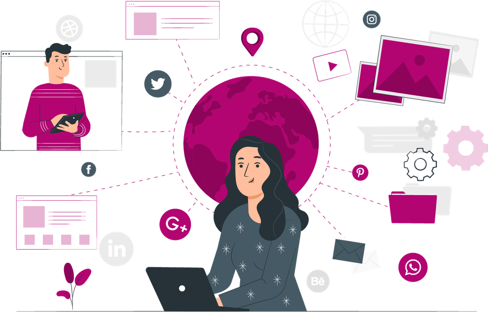 A social media manager at a laptop, linked to a globe of social network icons and posts