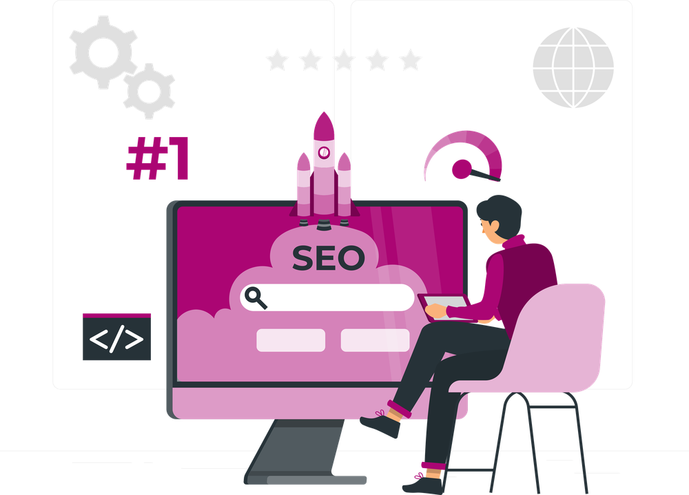 A person at a laptop working on a large SEO screen with a search bar and a #1 rank