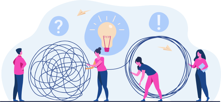 A team untangling knotted lines into a clear circle under a light bulb