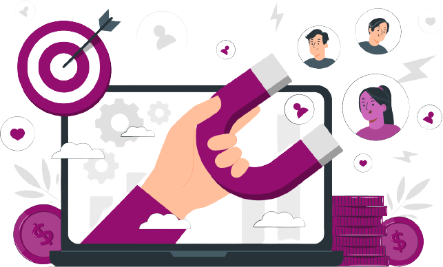 A hand with a magnet on a laptop screen, drawing in customers, likes and money
