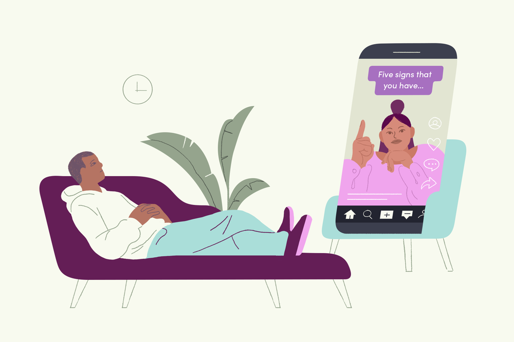 Illustration of a man on a therapy couch facing a phone video that begins "Five signs that you have..."