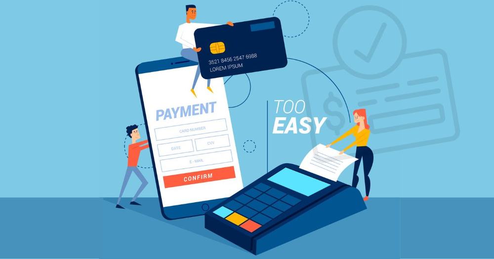 Illustration of a phone payment form, a credit card and a card terminal printing a receipt, with the words Too Easy