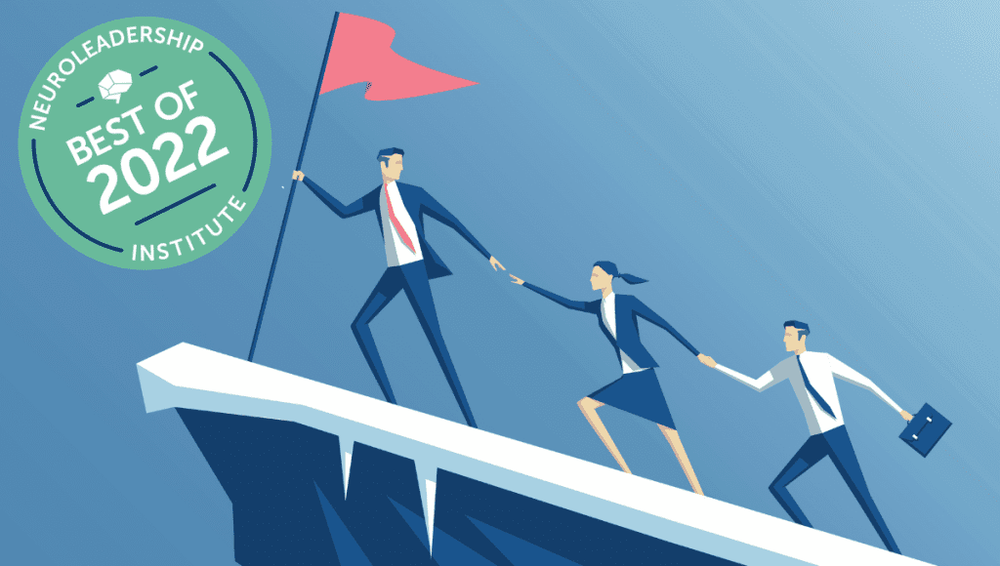 Leader with a flag pulls two colleagues up a cliff, beside a NeuroLeadership Institute Best of 2022 badge