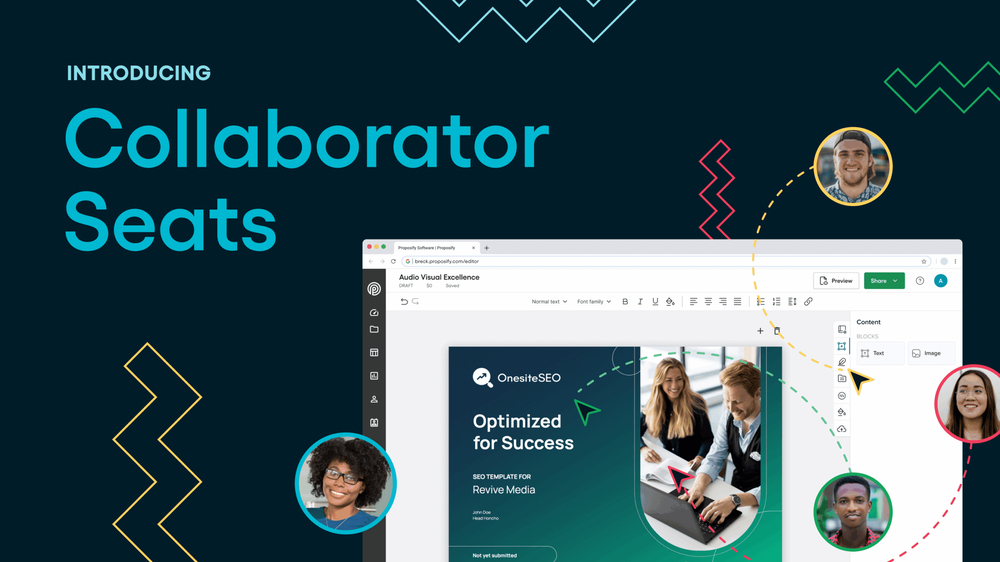 Proposify editor announcing Collaborator Seats, with teammates' avatars and cursors around an SEO proposal draft