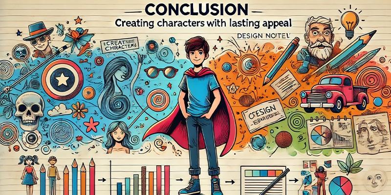 Colorful sketch collage titled Conclusion, Creating characters with lasting appeal, around a boy in a red cape