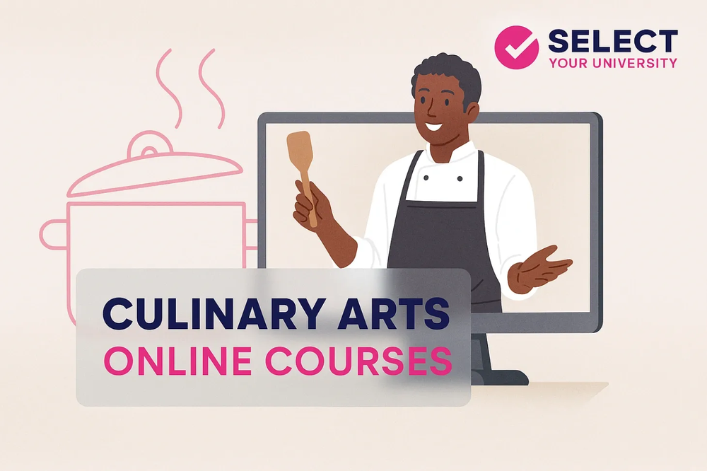 Illustration of a smiling chef with a spatula on a computer screen, titled Culinary Arts Online Courses