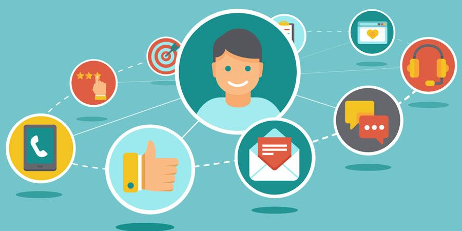 Smiling customer linked to icons for phone, email, chat, ratings, a support headset and a thumbs-up