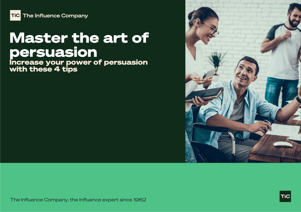 The Influence Company e-book cover, Master the art of persuasion: four tips, beside coworkers smiling at a desk
