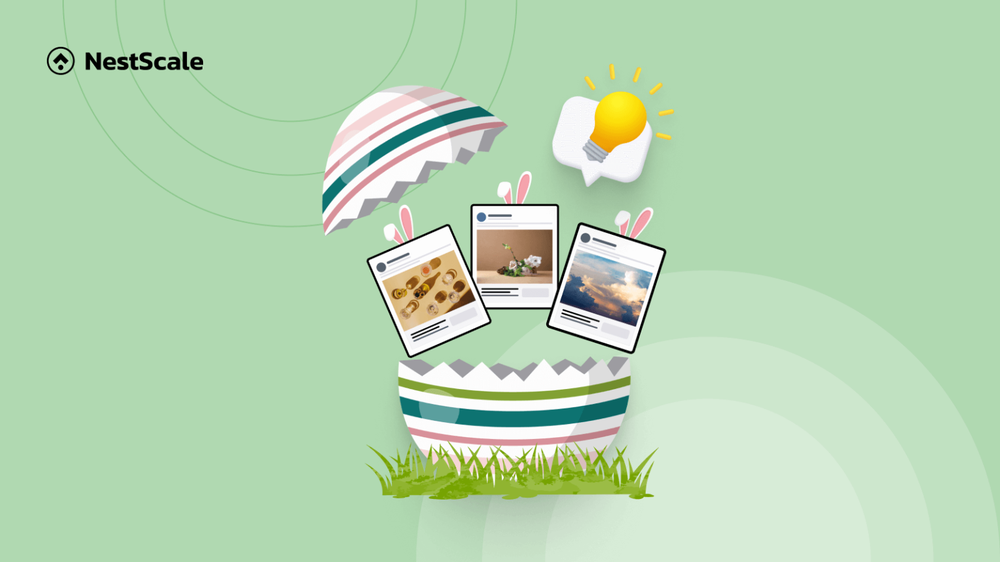 Cracked Easter egg releasing three social media posts with bunny ears beside a glowing lightbulb, on a NestScale banner