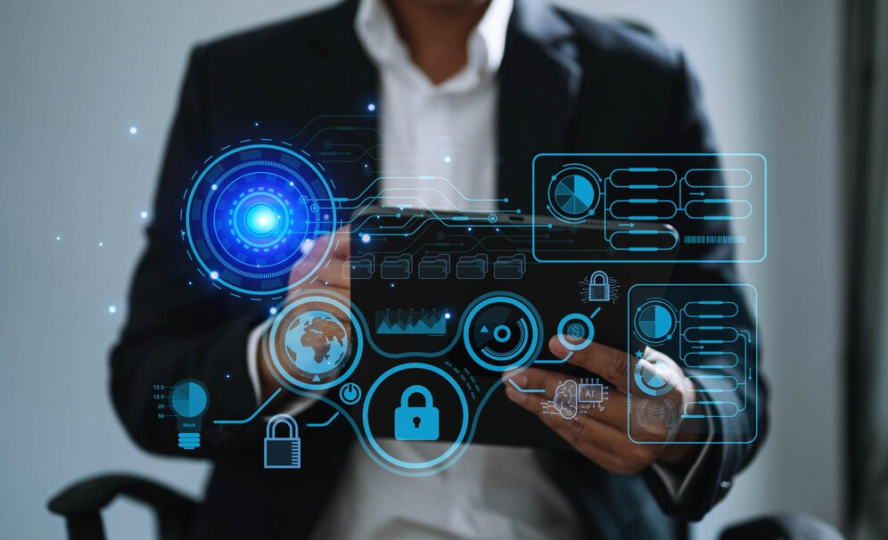 A businessman holding a tablet behind glowing padlock and security icons