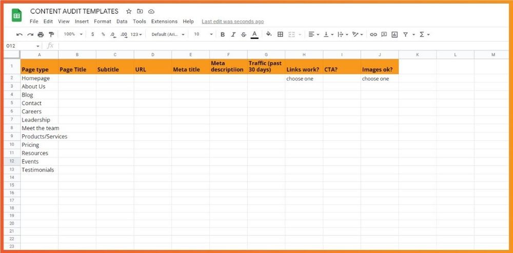 Google Sheets content audit template with columns for page title, URL, meta tags, 30-day traffic, links, CTA and images