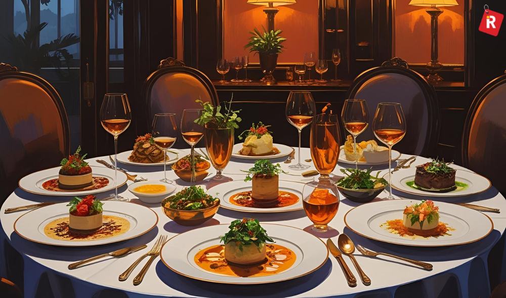 Illustrated dinner table set with garnished fine-dining plates and glasses of wine