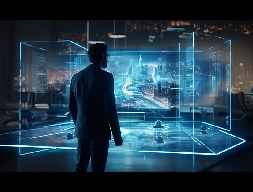 A man facing a glowing holographic model of a city at night