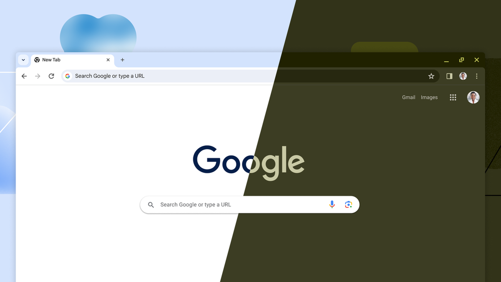 Chrome New Tab page split down the middle between a light theme and a dark olive theme