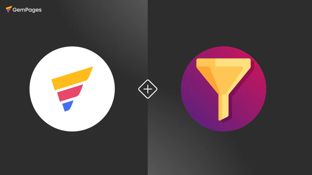GemPages logo and a yellow funnel app icon on a purple circle, joined by a plus sign