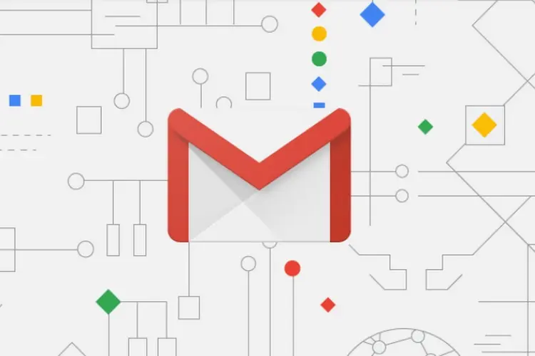 Red Gmail envelope logo on a light background of circuit lines and Google-colored shapes