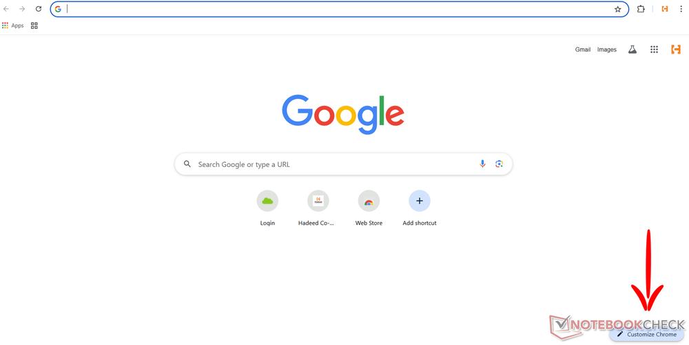Chrome New Tab page with shortcut tiles under the search bar and an arrow pointing to the Customize Chrome button