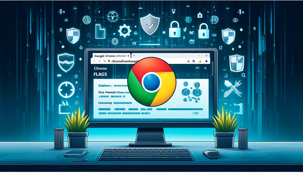 Desktop monitor showing a Chrome Flags page and the Chrome logo, surrounded by security and settings icons