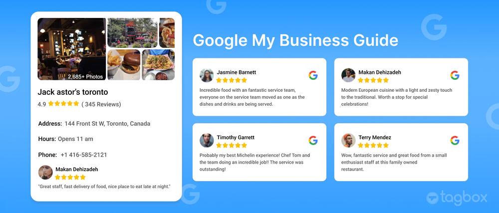 Google Business Profile for a Toronto restaurant rated 4.9 from 345 reviews, beside four five-star Google reviews