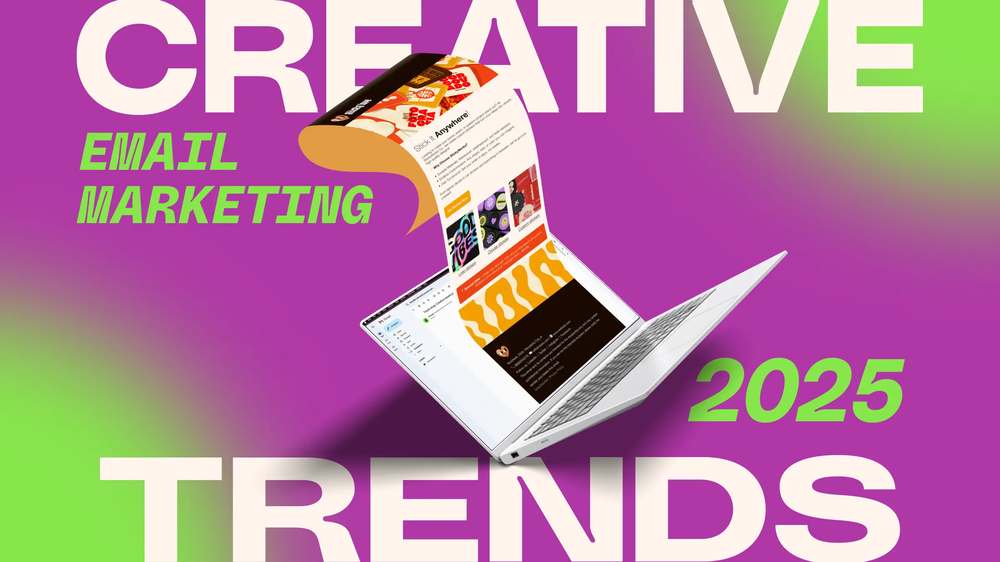 Laptop with an email newsletter spilling from its screen, under the words Creative Email Marketing Trends 2025