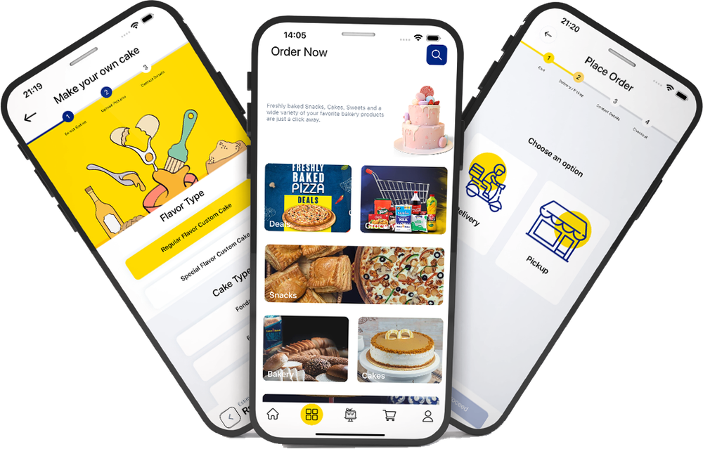 Three RetailED app screens for a bakery: make your own cake, order now and place an order