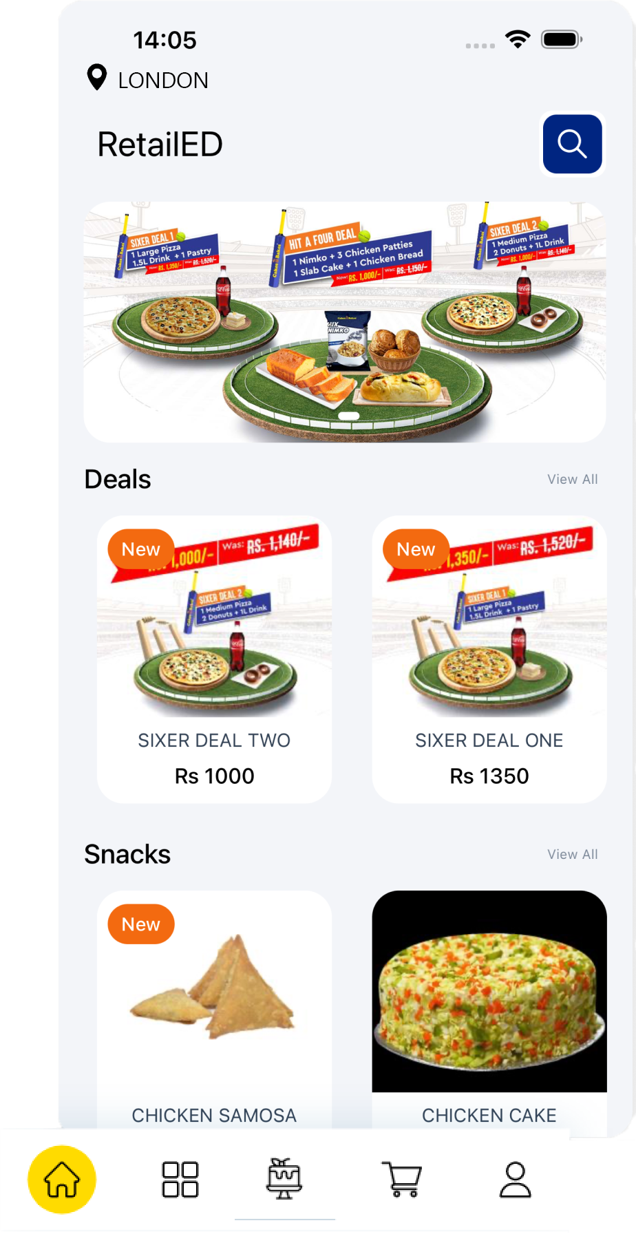 The RetailED home screen with pizza deals and snacks