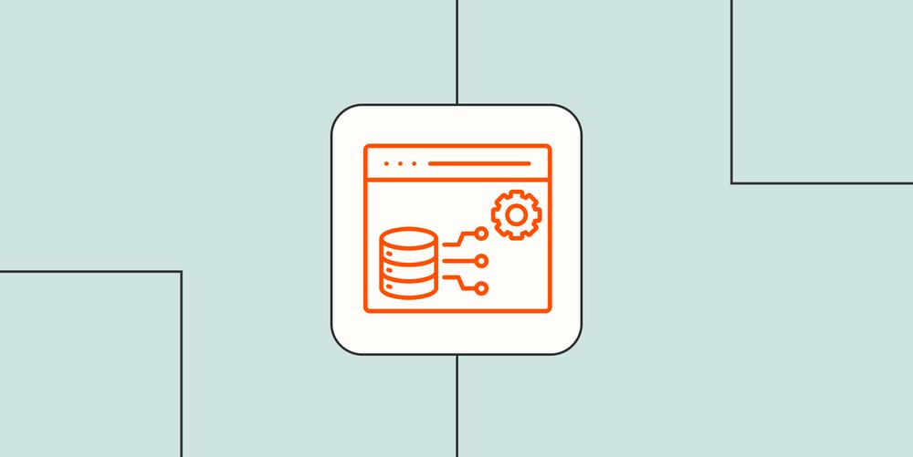Orange line icon of a browser window with a database and a settings gear, on a mint green background