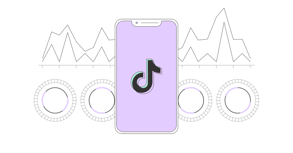 Phone showing the TikTok logo in front of line charts and progress rings