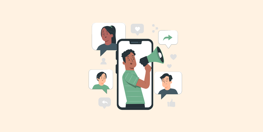 A man on a smartphone screen shouts through a megaphone as friends like, share and reply in speech bubbles around him