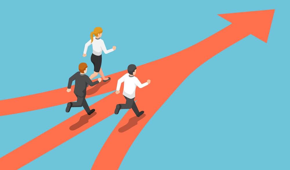 Three businesspeople running along separate red paths that merge into one large arrow pointing forward