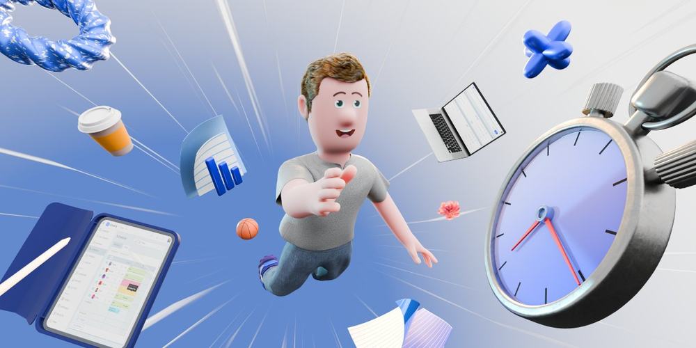 3D cartoon man leaping forward past a large stopwatch, laptop, tablet, coffee cup and bar-chart report