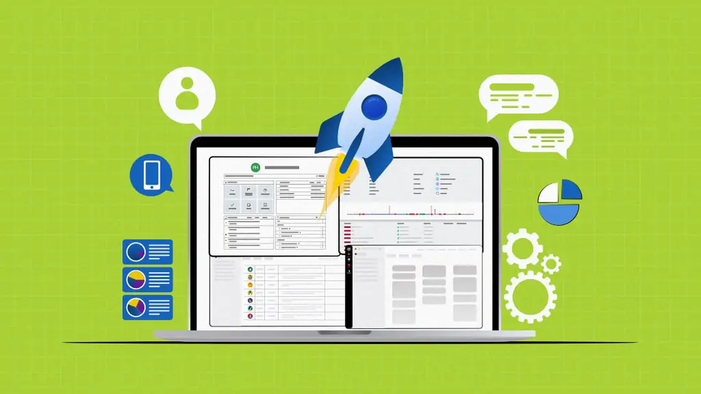 Laptop showing a ProofHub project dashboard with a rocket launching from it, ringed by chat, chart and settings icons